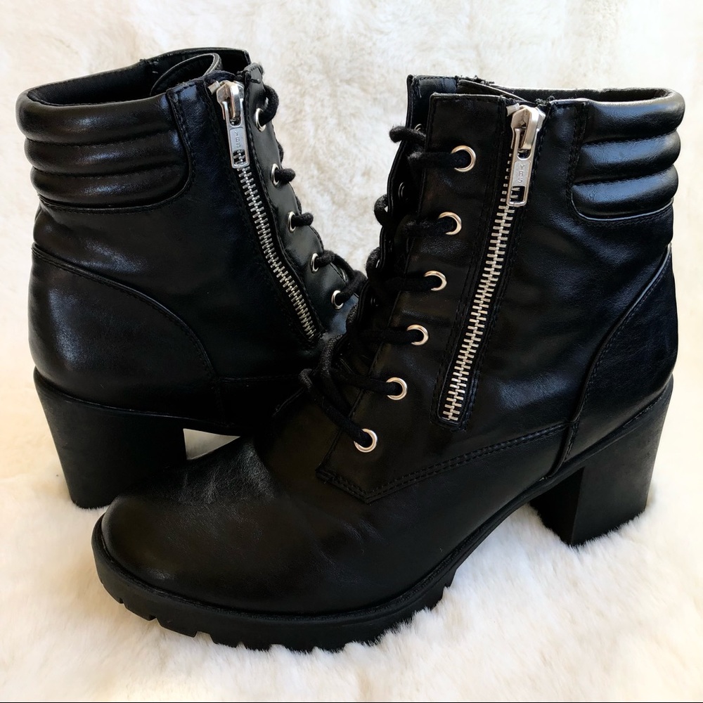 Black Chunky Ankle Boots With Zipper and Lace-up - Size 8